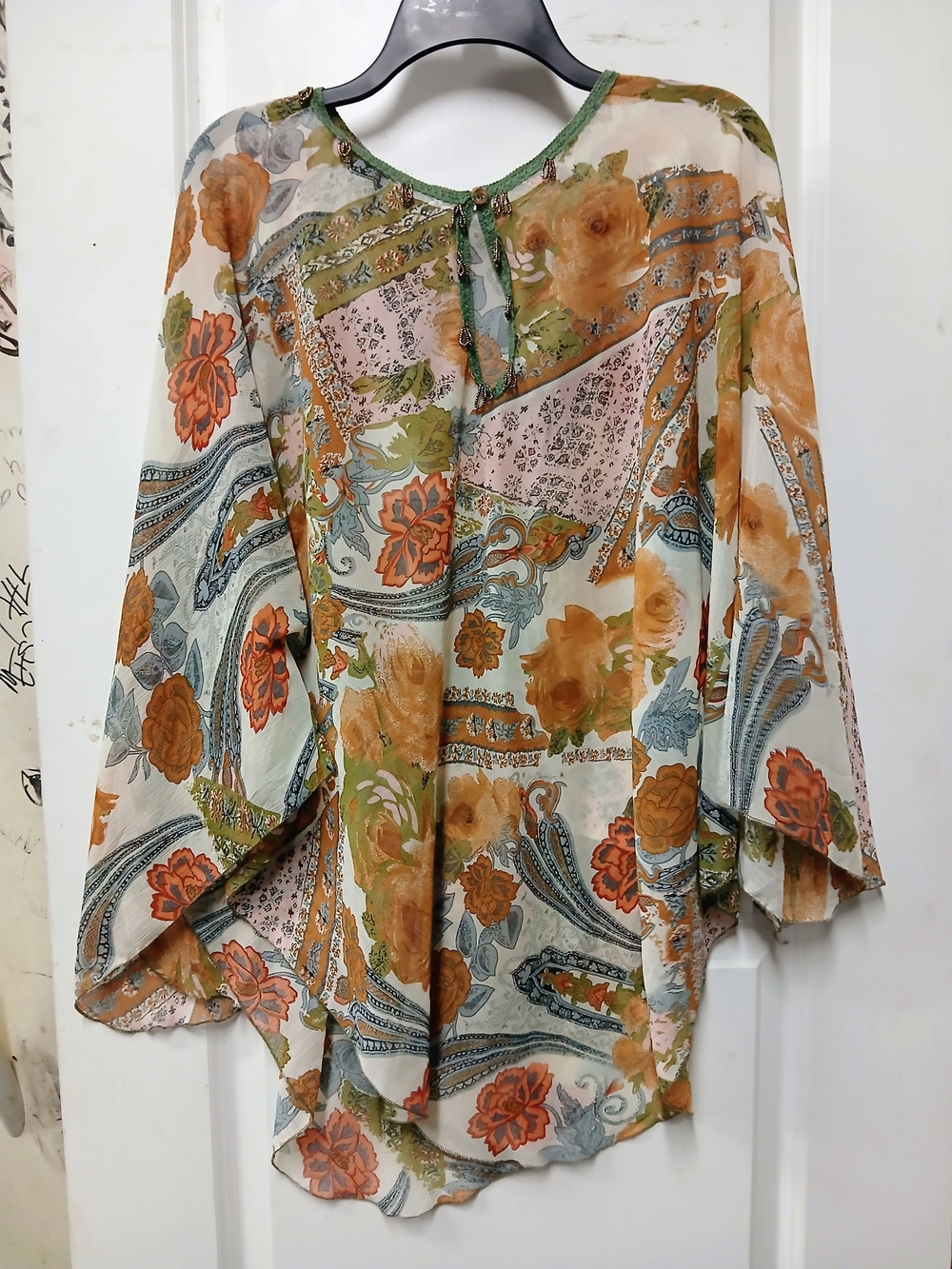 Floral Sheer Bell-Sleeve Blouse - Green, Orange, Cream